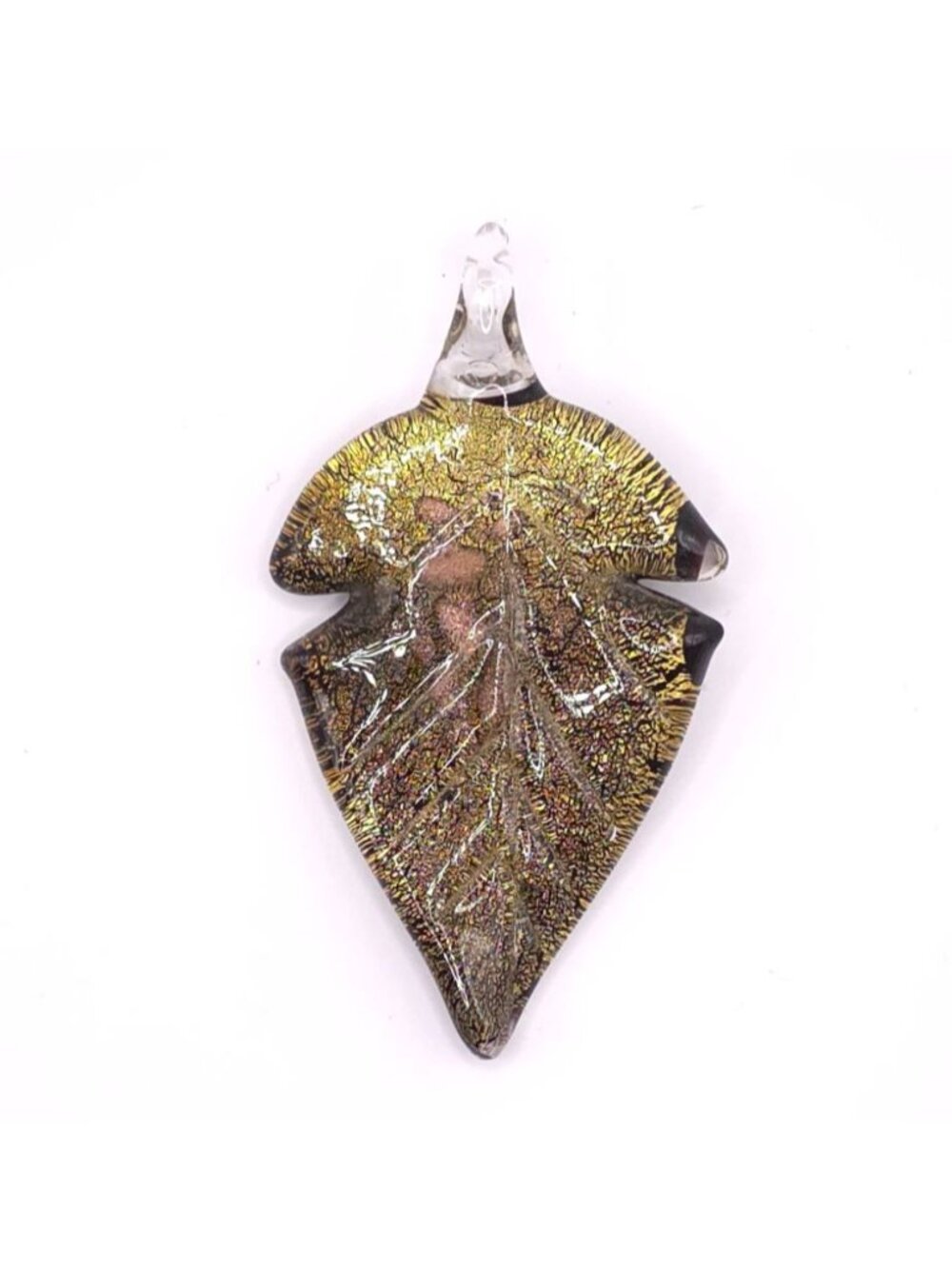 Handcrafted Dichroic Glass Leaf Pendant Unique Artisan Jewelry - Picture 2 of 4